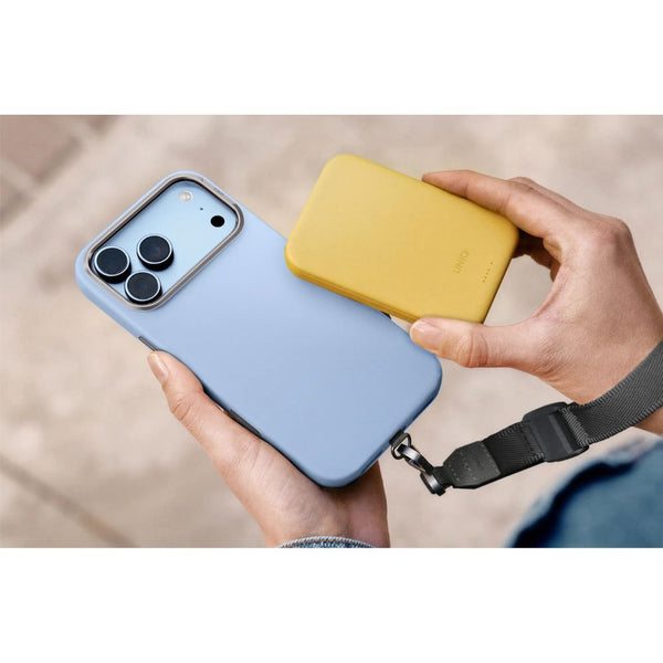 UNIQ Lyden Frost Blue vegan leather case for iPhone 18 Pro with aluminium accents and MagClick™ compatibility in Qatar