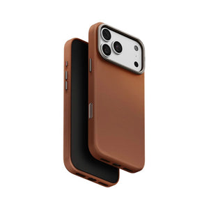 UNIQ Lyden Caramel vegan leather case for iPhone 18 Pro Max with aluminium accents and MagClick™ compatibility in Qatar