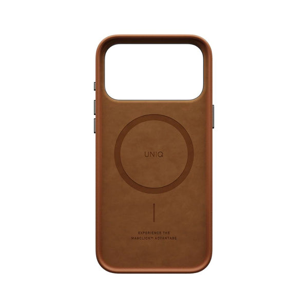 UNIQ Lyden Caramel vegan leather case for iPhone 18 Pro Max with aluminium accents and MagClick™ compatibility in Qatar