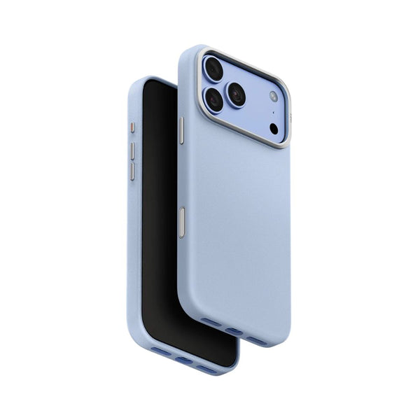 UNIQ Lyden Frost Blue vegan leather case for iPhone 18 Pro Max with aluminium accents and MagClick™ compatibility in Qatar