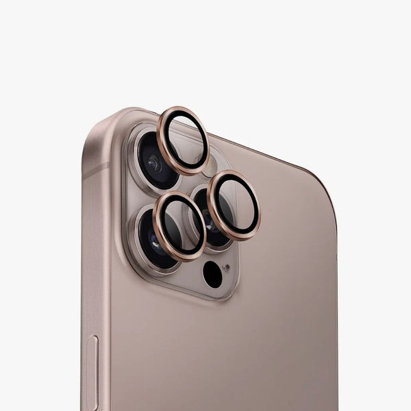 UNIQ Optix AluGuard camera lens protector Taupe Gold for iPhone 16 Pro and Pro Max 9H tempered glass aluminium frame Qatar