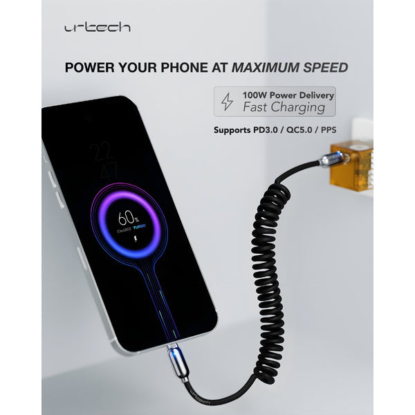 URTECH 100W spring USB-C to USB-C cable black silver fast charging 5A PD cable Qatar