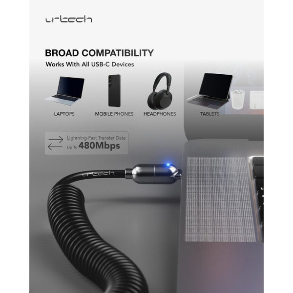 URTECH 100W spring USB-C to USB-C cable black silver fast charging 5A PD cable Qatar