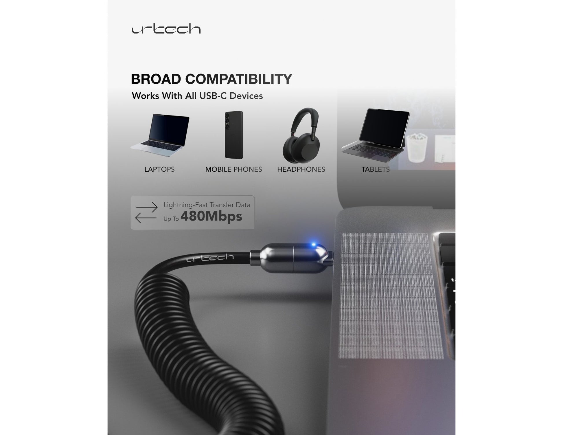 URTECH 100W spring USB-C to USB-C premium cable Black Silver Qatar