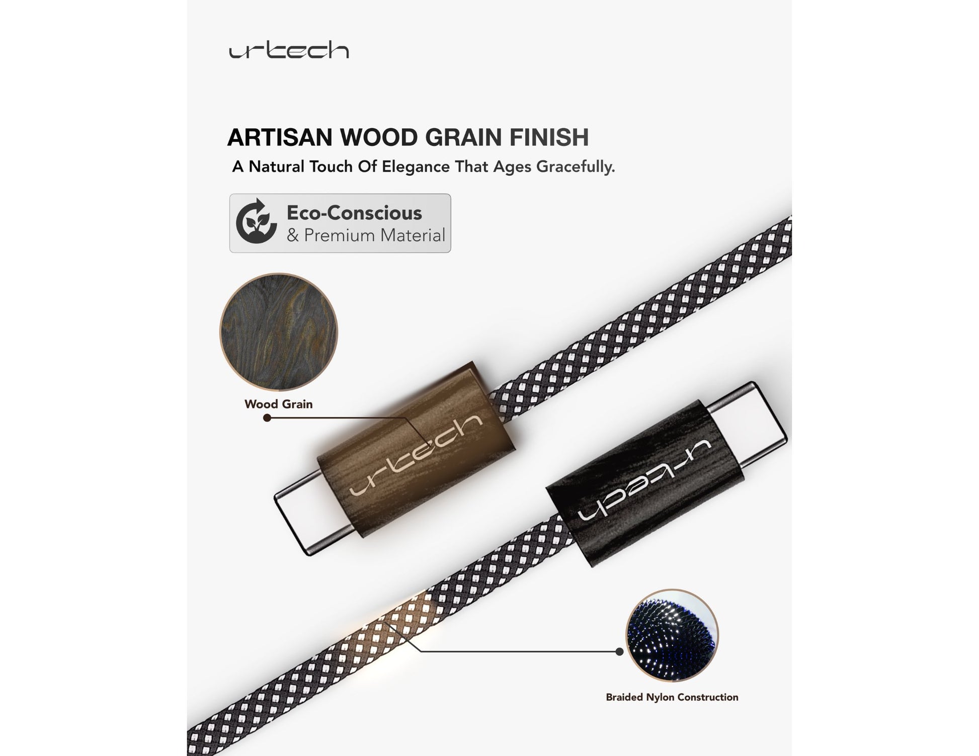 URTECH 100W USB-C to USB-C cable MW-NMBM01 natural wood grain braided 1m Qatar