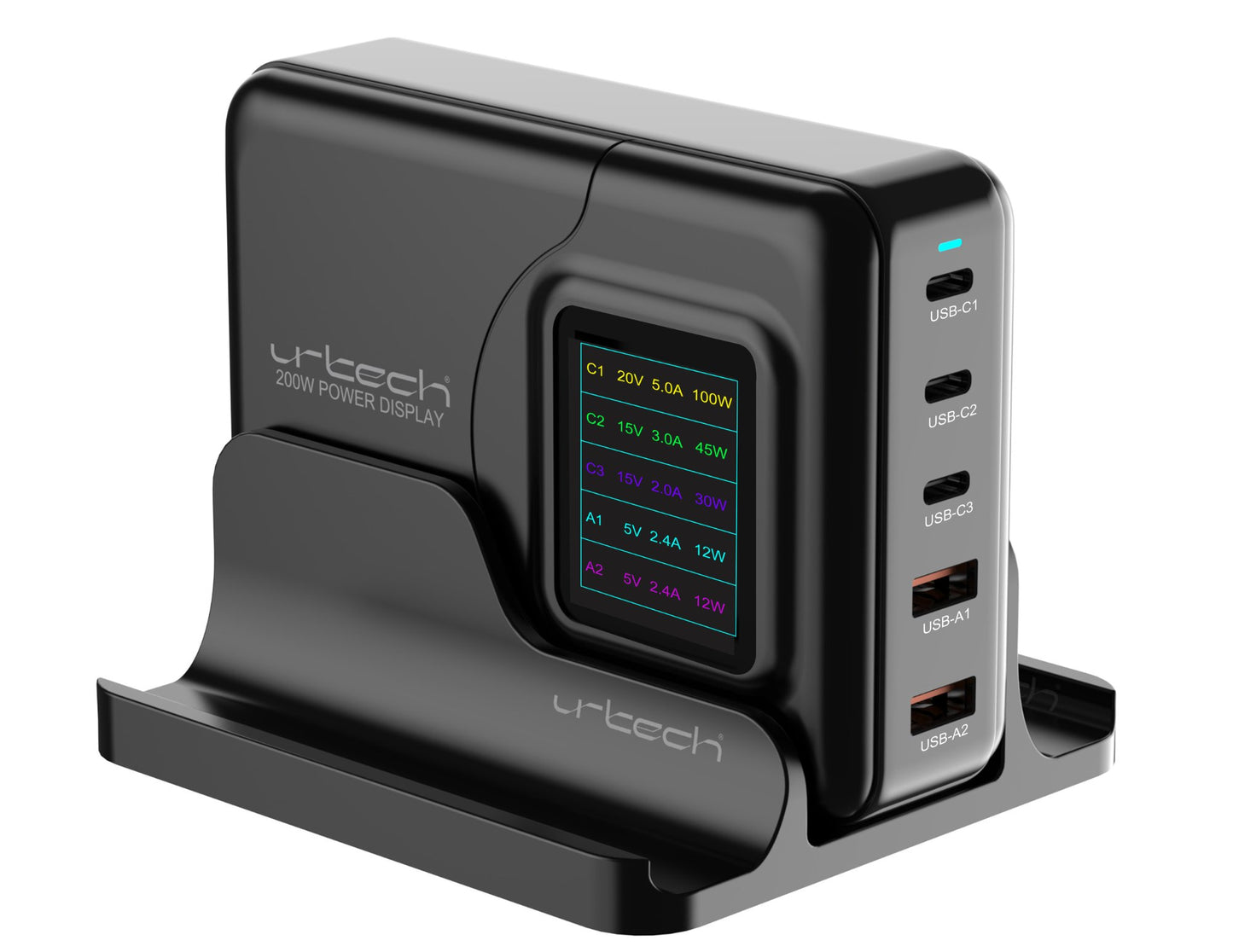 URTECH 200W Power Display Super High-Speed GaN multi-port charger 3 USB-C 2 USB-A Qatar