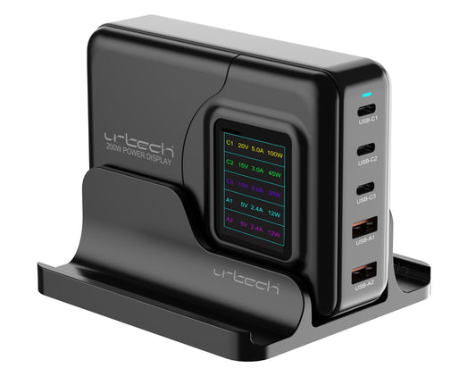 URTECH 200W Power Display Super High-Speed GaN multi-port charger 3 USB-C 2 USB-A Qatar