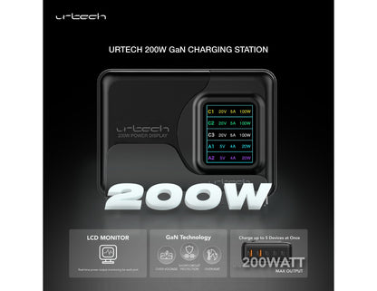 URTECH 200W Power Display Super High-Speed GaN multi-port charger 3 USB-C 2 USB-A Qatar