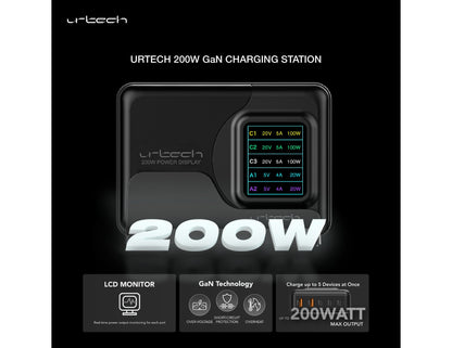 URTECH 200W Power Display Super High-Speed GaN multi-port charger 3 USB-C 2 USB-A Qatar