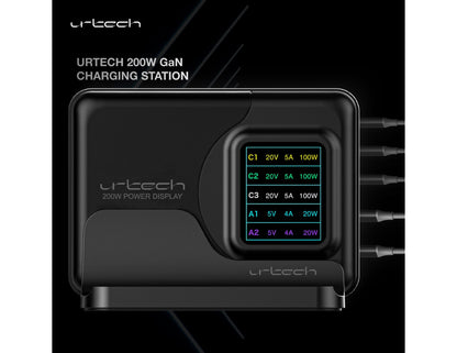 URTECH 200W Power Display Super High-Speed GaN multi-port charger 3 USB-C 2 USB-A Qatar