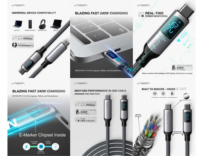 UrTech 240W 40Gbps 8K USB-C USB4 cable with LED power display 1m PVC jacket Qatar