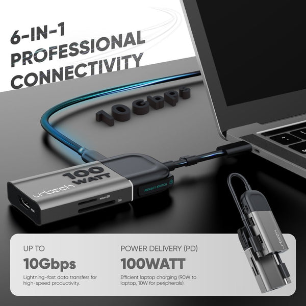 URTECH 6-in-1 USB-C hub with 4K HDMI 100W PD and 10Gbps data transfer Qatar
