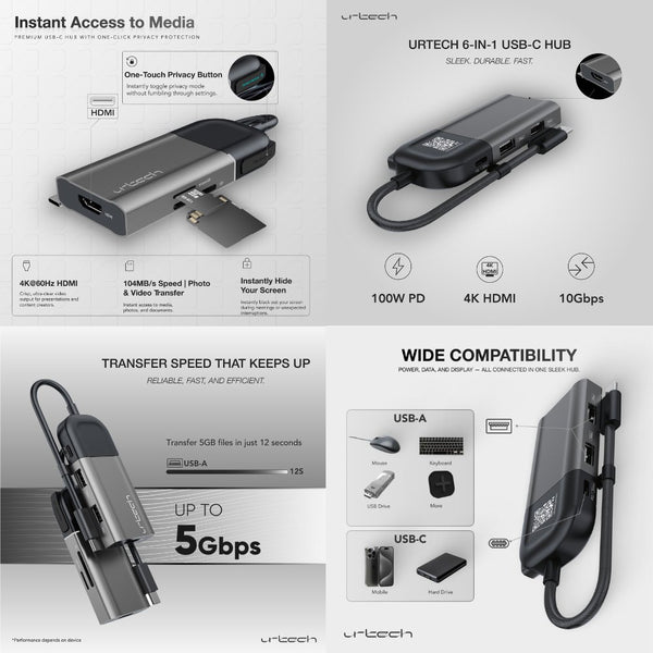 URTECH 6-in-1 USB-C hub with 4K HDMI 100W PD and 10Gbps data transfer Qatar