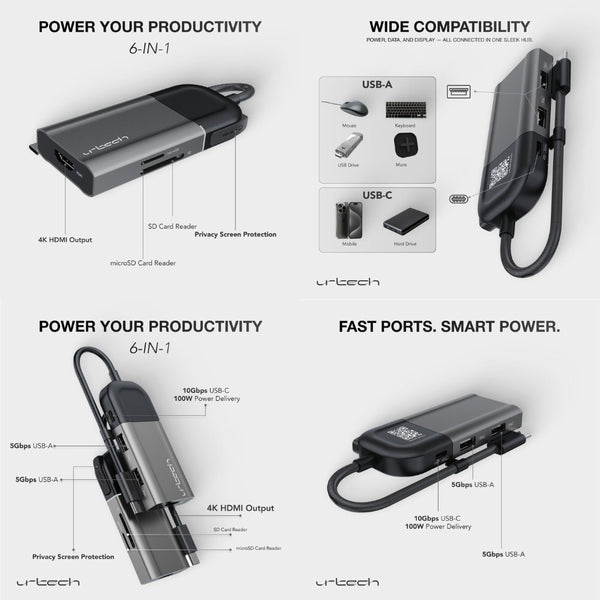 URTECH 6-in-1 USB-C hub with 4K HDMI 100W PD and 10Gbps data transfer Qatar