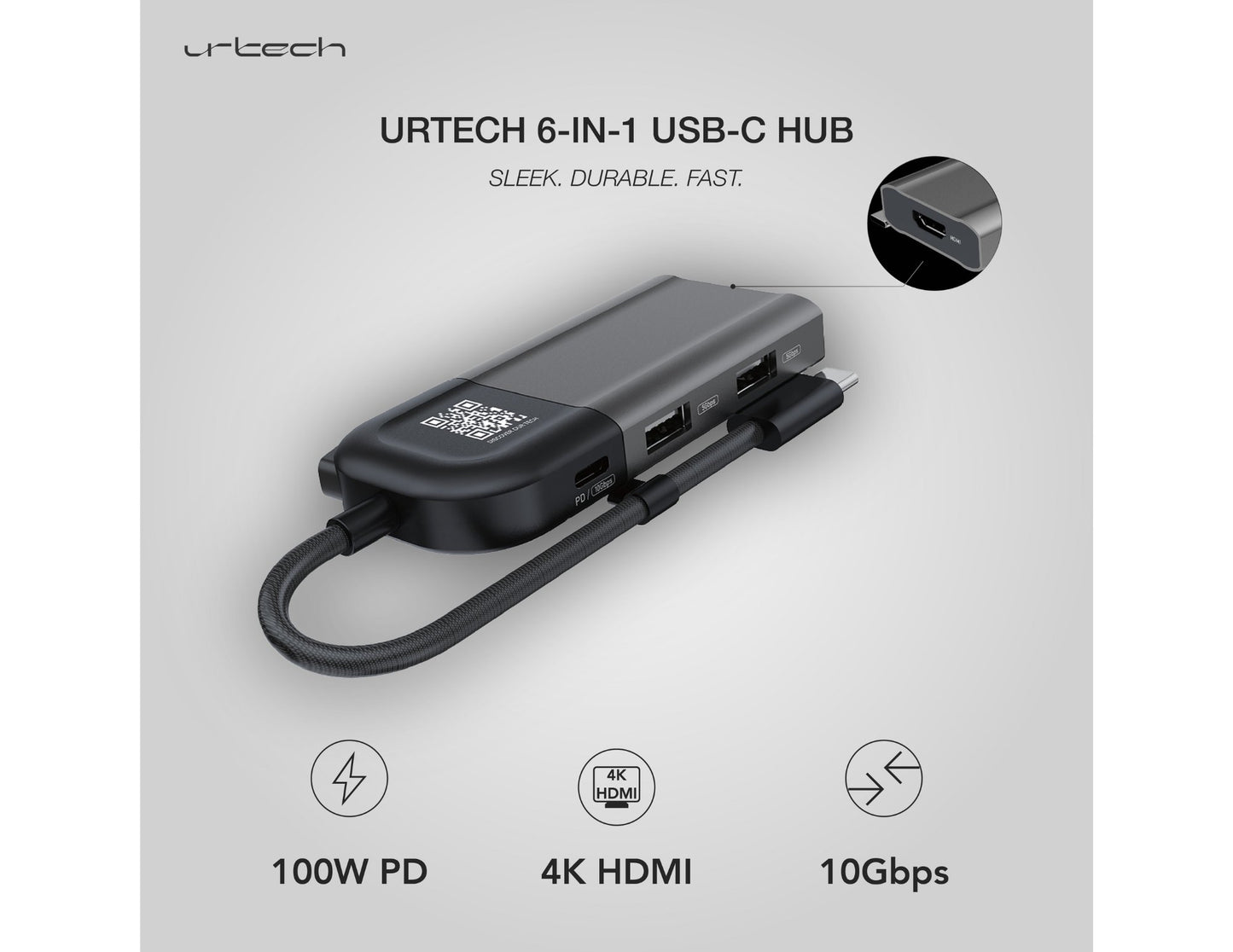 URTECH 6 in 1 USB-C hub 4K HDMI 100W PD 10Gbps aluminum Qatar
