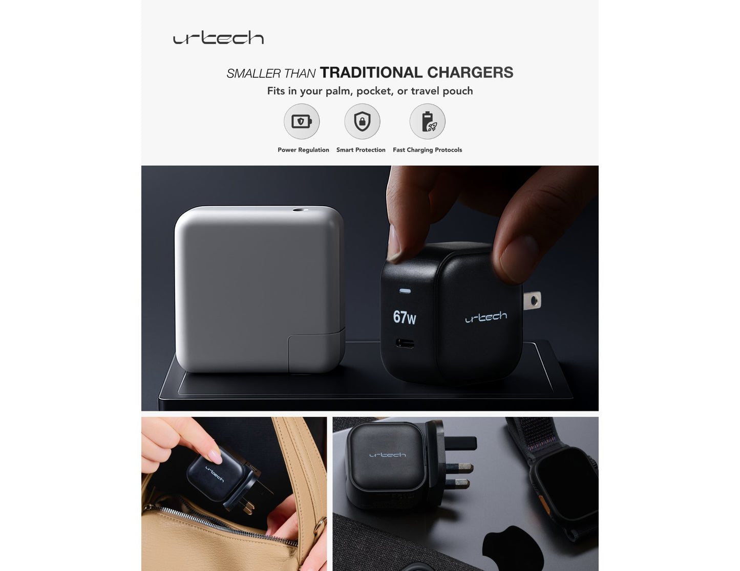 URTECH 67W GaN fast charger PD 3.0 QC 3.0 compact travel design Qatar