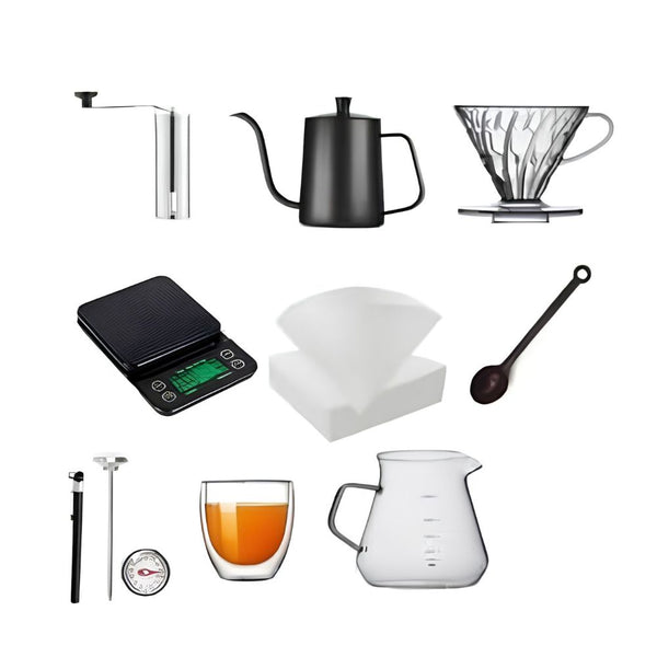 V60 Coffee Set with glass coffee pots, hand crank grinder, electronic scale and 600ml stainless steel pot in Qatar