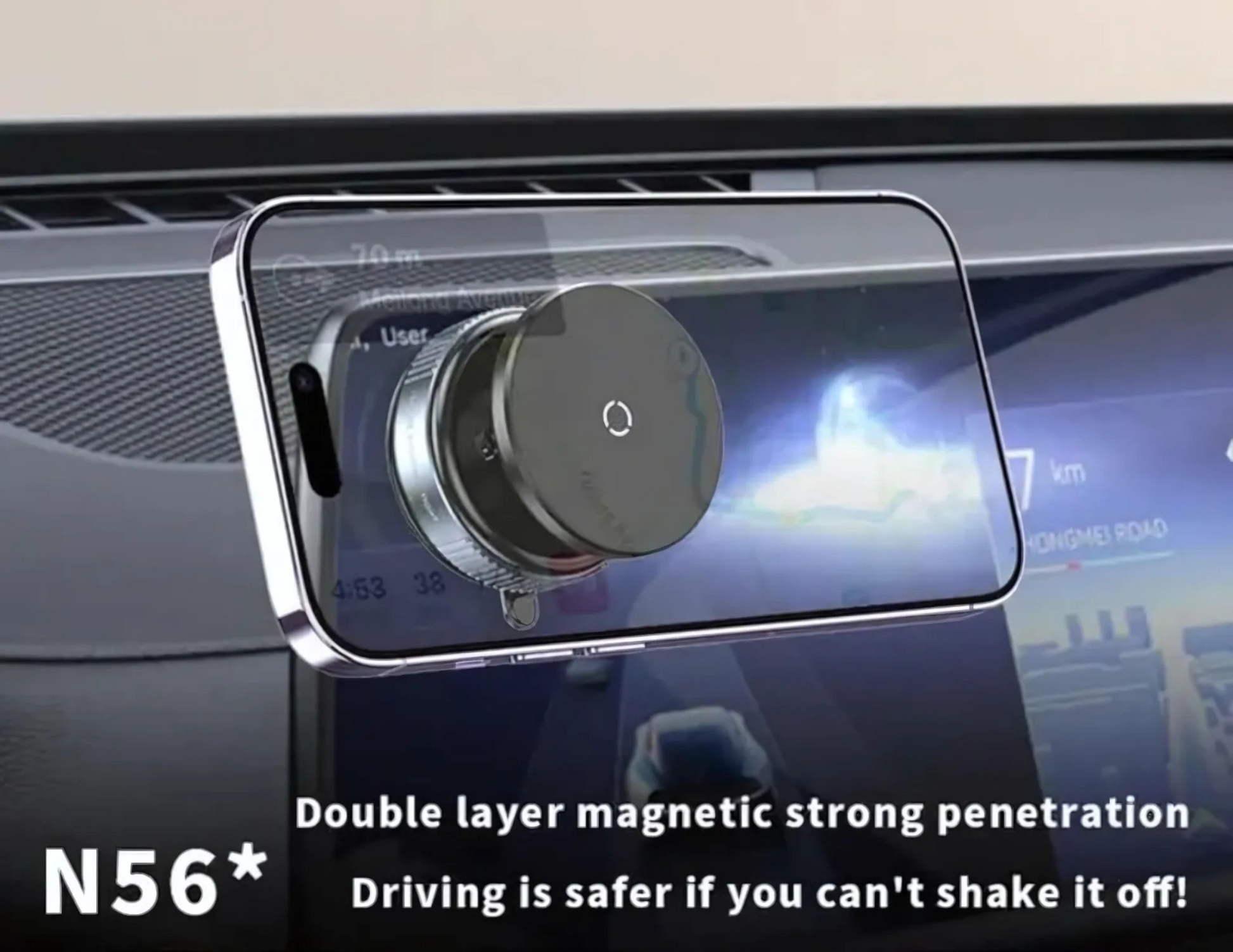 Magnetic phone holder K009 securely holding a phone on a car dashboard.