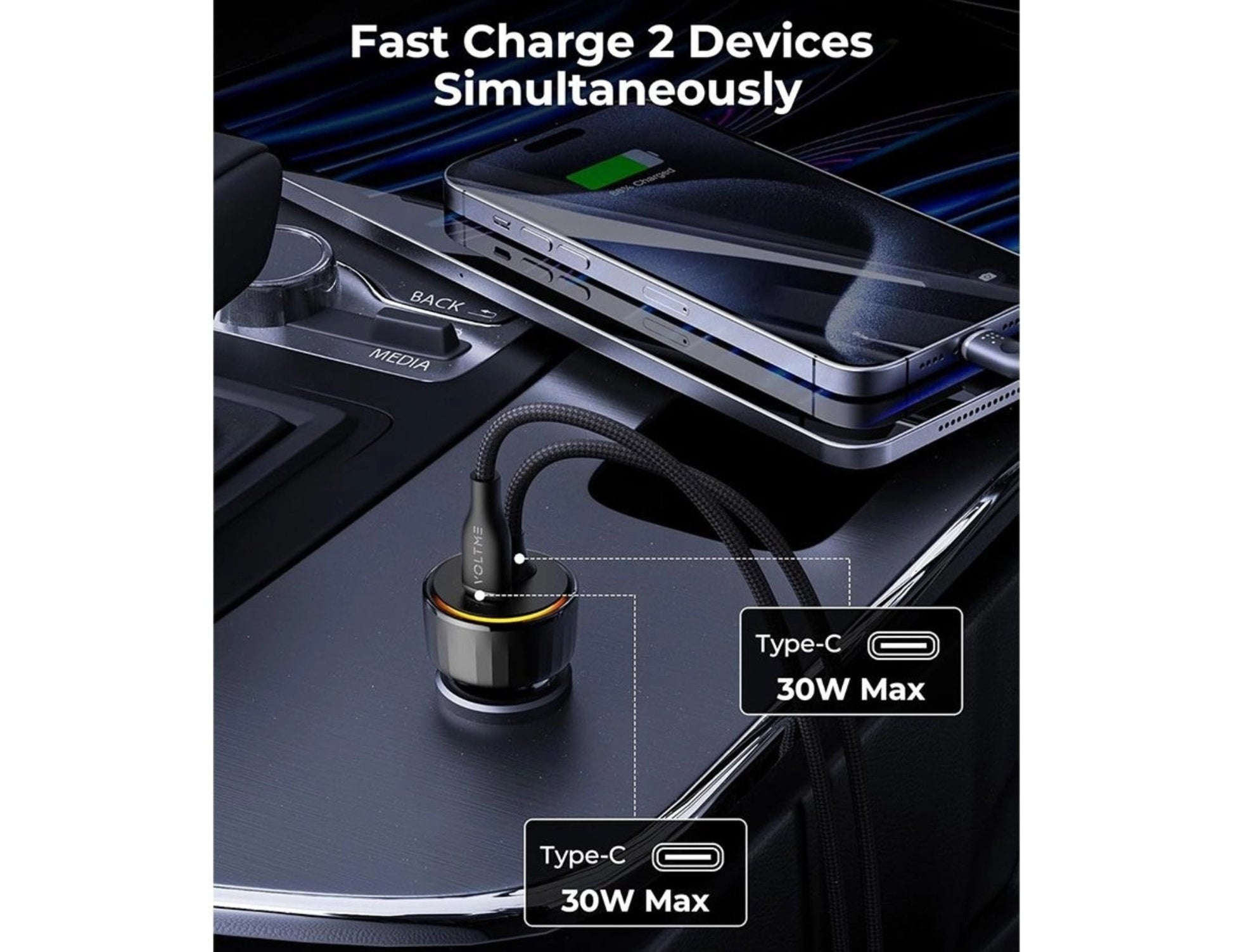 VoltMe Cazo Speedo+ 60W car charger with built‑in USB‑C cable and extra USB‑C port black.