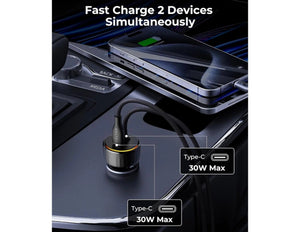 VoltMe Cazo Speedo+ 60W car charger with built‑in USB‑C cable and extra USB‑C port black.