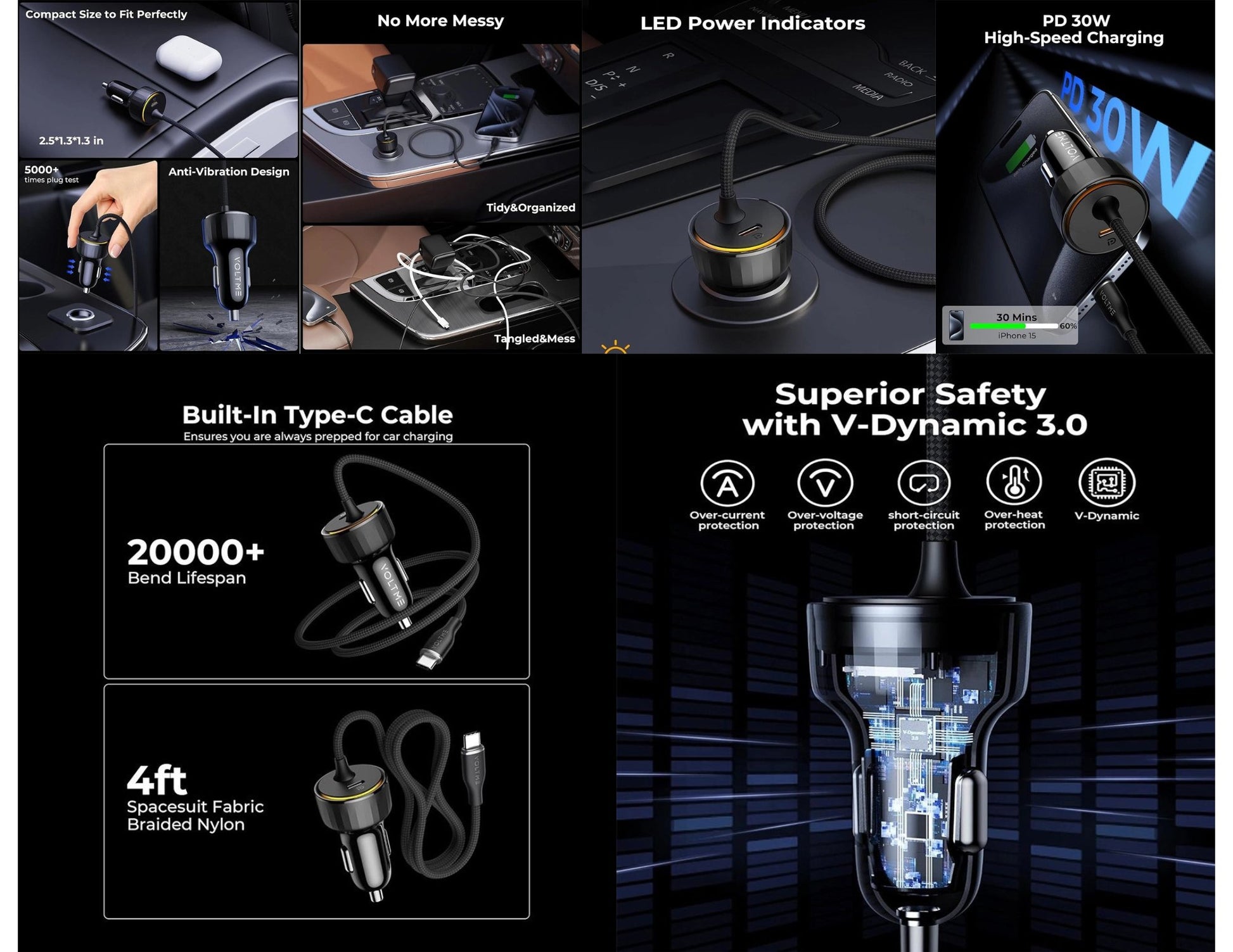 VoltMe Cazo Speedo+ 60W car charger with built‑in USB‑C cable and extra USB‑C port black.