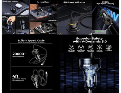 VoltMe Cazo Speedo+ 60W car charger with built‑in USB‑C cable and extra USB‑C port black.