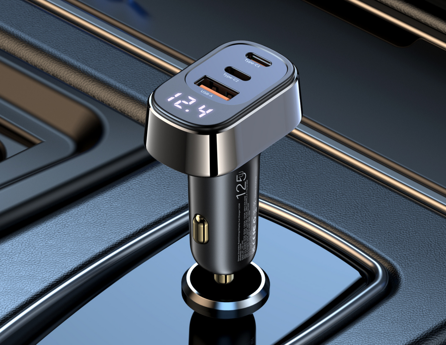 Vyvylabs 125W car charger with integrated energy display.