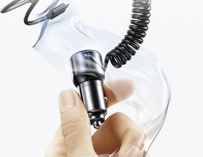 Compact Vyvylabs car charger with an aluminum alloy body.