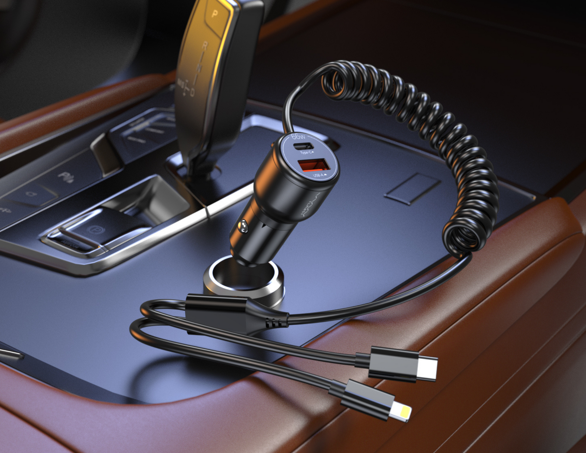 Close-up of the Vyvylabs car charger’s USB-A and Type-C ports.