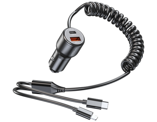 Vyvylabs Flash Power 66W Dual Fast Car Charger with 2-in-1 Spring Cable.