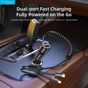 Vyvylabs Flash Power 66W dual fast car charger with USB-A USB-C and 2-in-1 spring cable Qatar