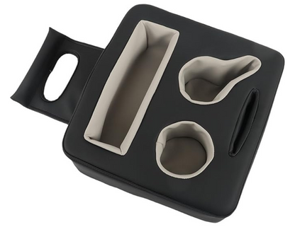 Top view of Wide Black Cup Holder Storage Box with compartments for keys, phone, and drinks.