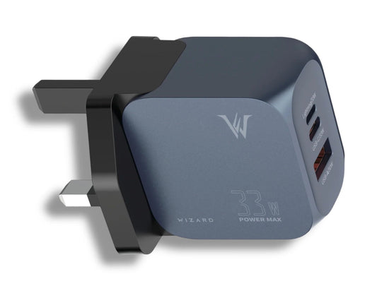Wizard 33W Super Fast Charger WQ50 UK plug GaN triple-port charger (Lightning, USB-C, USB-A), fast and safe charging, white compact design, at Thabthaba Store Qatar