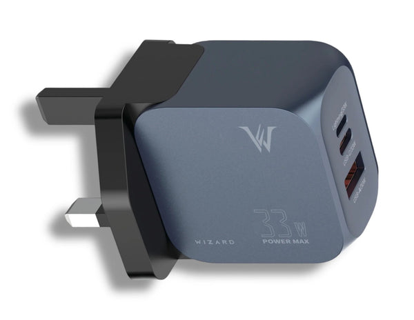 Wizard 33W Super Fast Charger WQ50 UK plug GaN triple-port charger (Lightning, USB-C, USB-A), fast and safe charging, white compact design, at Thabthaba Store Qatar