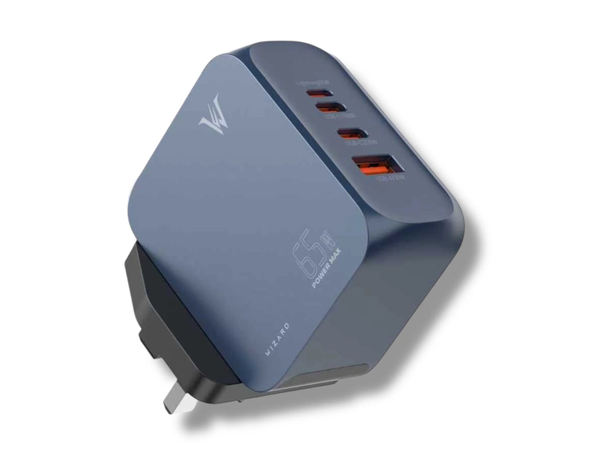 Wizard 65W Super Fast Charger WQ70 GaN UK plug quad-port charger (Lightning, 2×USB-C, USB-A), PD65W, QC4+, safe multi-device fast charging at Thabthaba Store Qatar