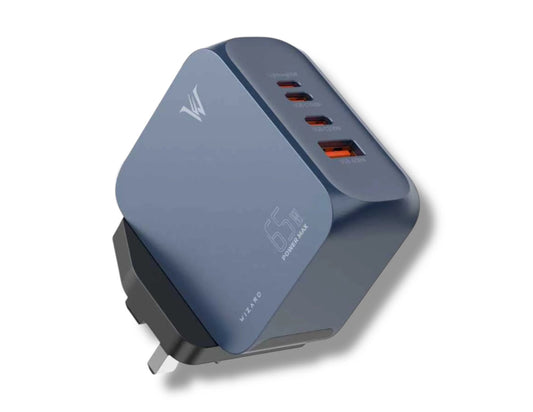 Wizard 65W Super Fast Charger WQ70 GaN UK plug quad-port charger (Lightning, 2×USB-C, USB-A), PD65W, QC4+, safe multi-device fast charging at Thabthaba Store Qatar