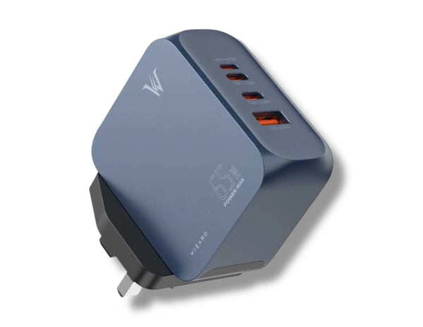 Wizard 65W Super Fast Charger WQ70 GaN UK plug quad-port charger (Lightning, 2×USB-C, USB-A), PD65W, QC4+, safe multi-device fast charging at Thabthaba Store Qatar