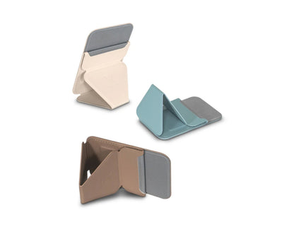 Wizard ARCO Card Case MagSafe wallet stand, premium leather, magnetic attach, holds cards, adjustable stand, shown in use with iPhone, at Thabthaba Store Qatar