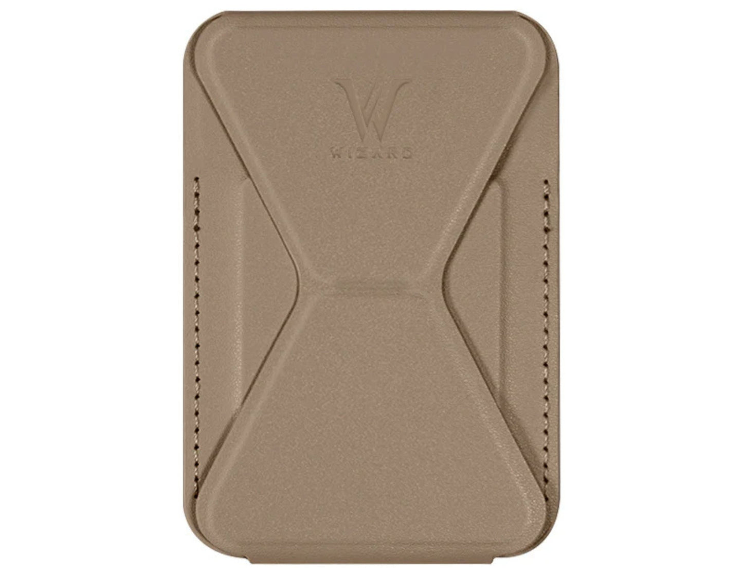 Wizard ARCO Card Case MagSafe wallet stand, premium leather, magnetic attach, holds cards, adjustable stand, shown in use with iPhone, at Thabthaba Store Qatar