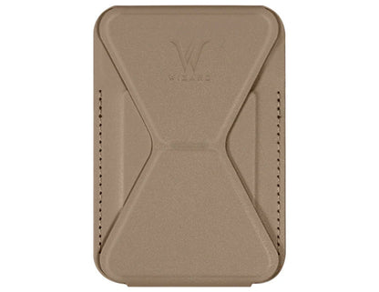 Wizard ARCO Card Case MagSafe wallet stand, premium leather, magnetic attach, holds cards, adjustable stand, shown in use with iPhone, at Thabthaba Store Qatar