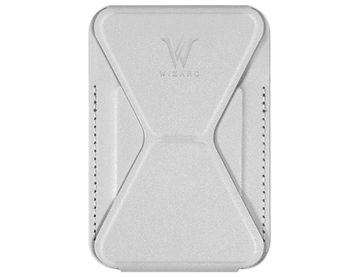 Wizard ARCO Card Case MagSafe wallet stand, premium leather, magnetic attach, holds cards, adjustable stand, shown in use with iPhone, at Thabthaba Store Qatar
