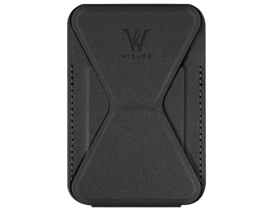 Wizard ARCO Card Case MagSafe wallet stand, premium leather, magnetic attach, holds cards, adjustable stand, shown in use with iPhone, at Thabthaba Store Qatar