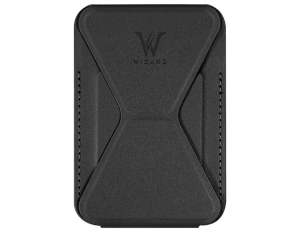 Wizard ARCO Card Case MagSafe wallet stand, premium leather, magnetic attach, holds cards, adjustable stand, shown in use with iPhone, at Thabthaba Store Qatar