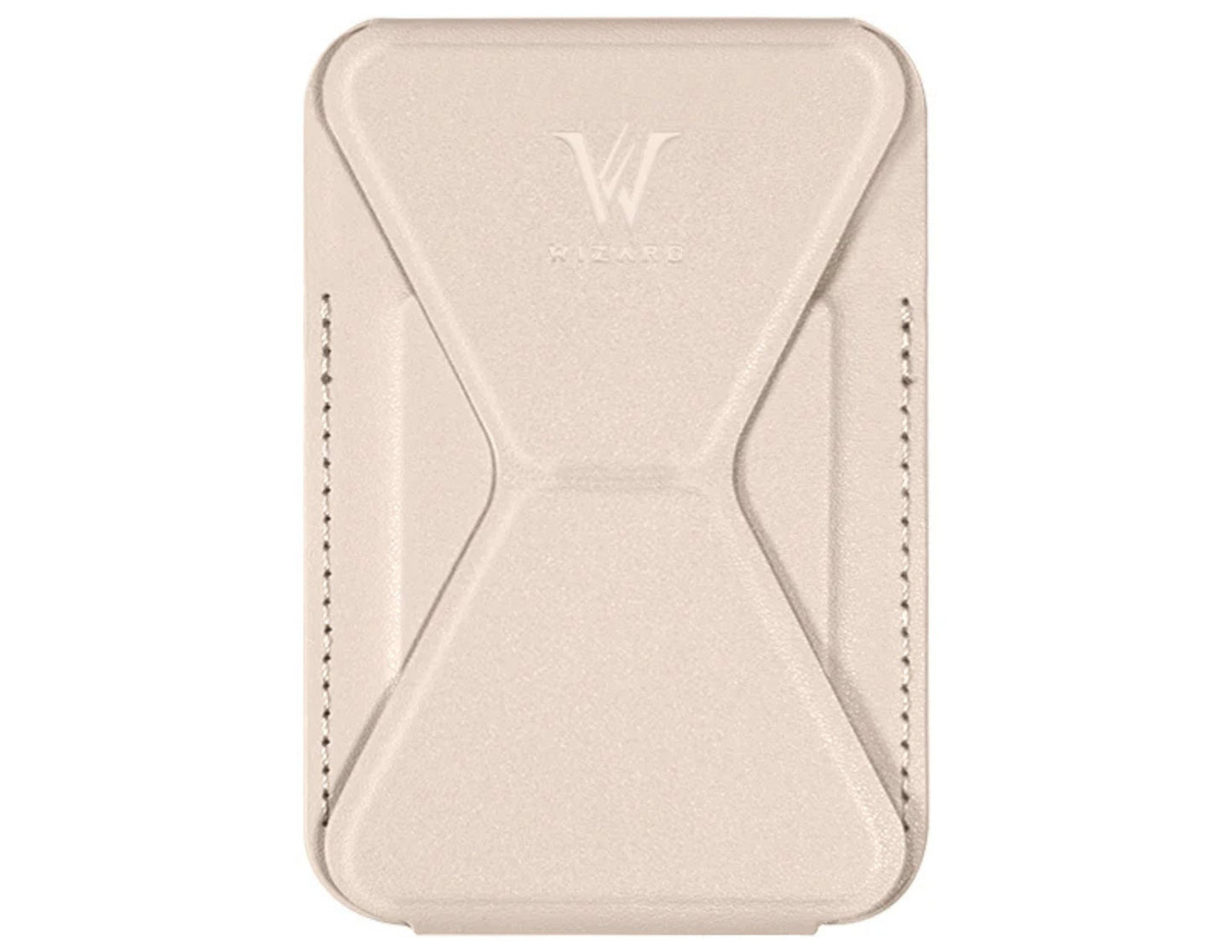 Wizard ARCO Card Case MagSafe wallet stand, premium leather, magnetic attach, holds cards, adjustable stand, shown in use with iPhone, at Thabthaba Store Qatar