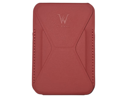 Wizard ARCO Card Case MagSafe wallet stand, premium leather, magnetic attach, holds cards, adjustable stand, shown in use with iPhone, at Thabthaba Store Qatar