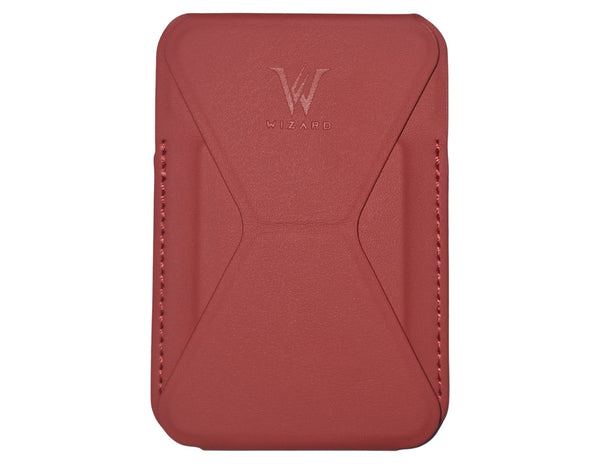 Wizard ARCO Card Case MagSafe wallet stand, premium leather, magnetic attach, holds cards, adjustable stand, shown in use with iPhone, at Thabthaba Store Qatar