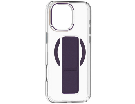 Back view of the Wizard AVENTA Clear Case Dark Purple with the extendable gripstand for easy handling.