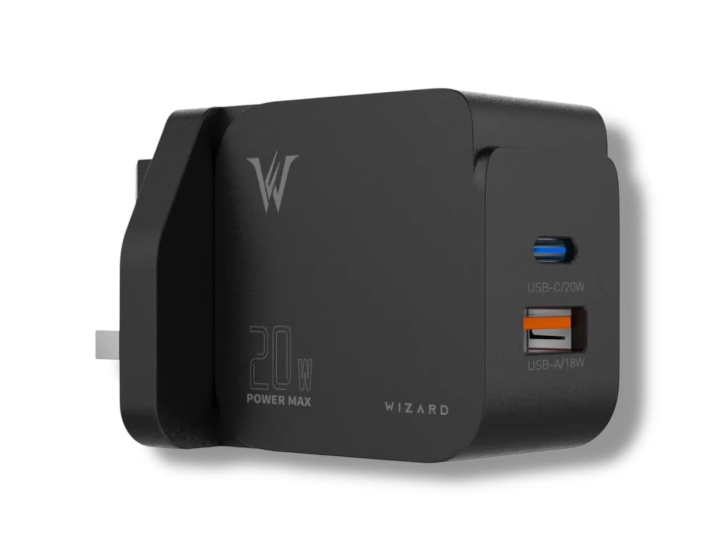 Wizard Fast Charger 20W WQ10 UK plug dual-port PD and QC 3.0 with USB-A/USB-C fast charging, smart chip safety features at Thabthaba Store Qatar
