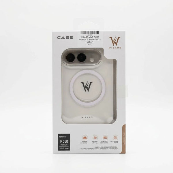 Wizard Vive Pure Series clear protective case for iPhone Duo with N52 magnets, raised camera bezel and anti-fingerprint coating in Qatar