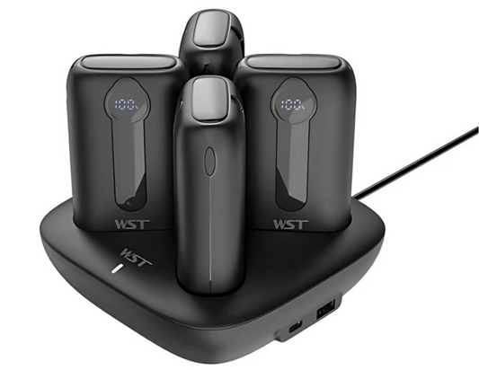 WST 10000mAh x 4 Power Bank Docking Station black with built-in cables and compact design.